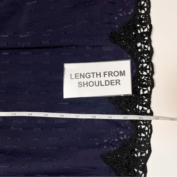 Rebecca Taylor 100% Silk Clip Mix Top 6 navy blue black lace sheer puff sleeve - Picture 11 of 12